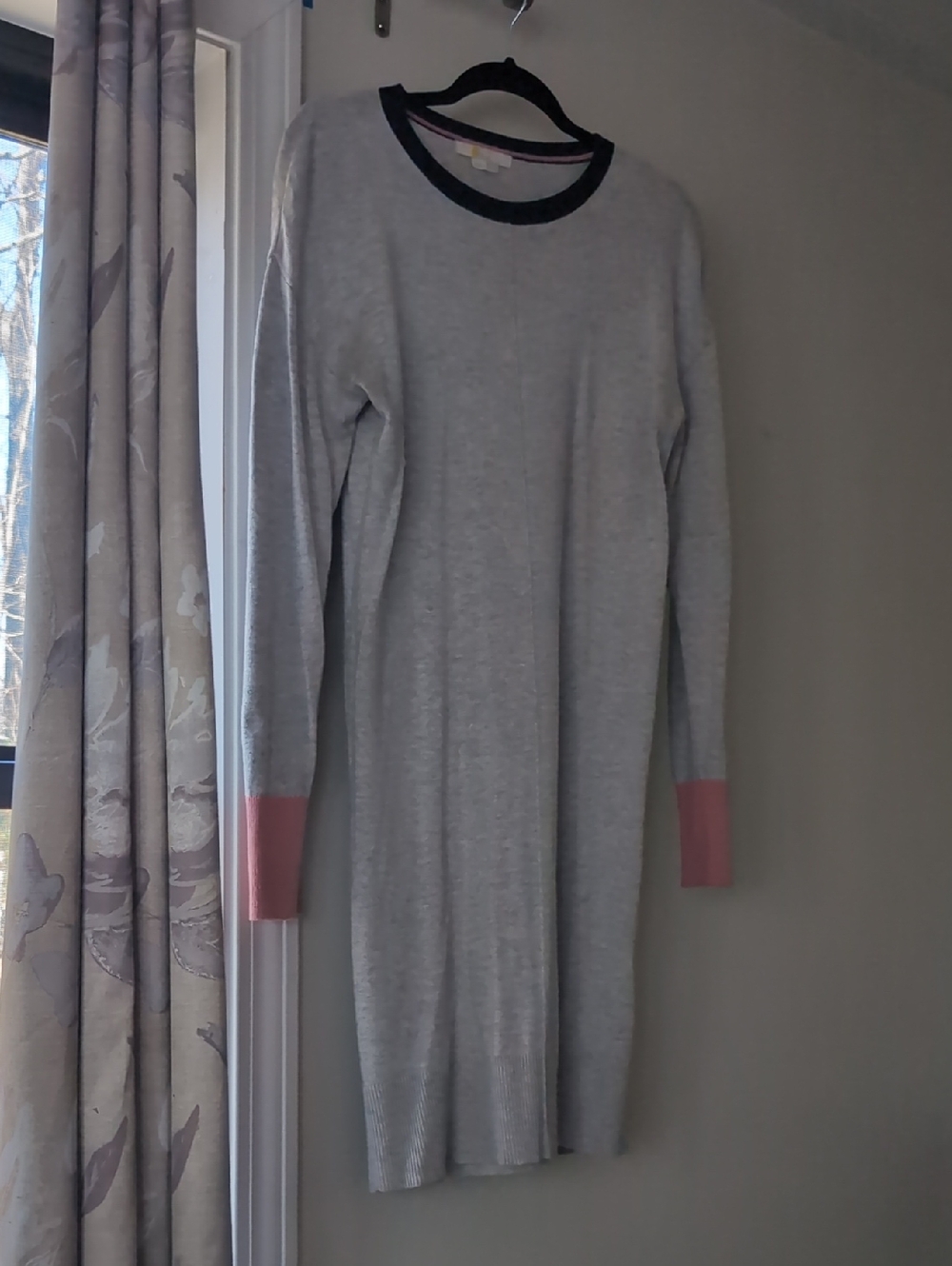 Boden Light Gray Sweater Dress with Black Neckline and Pink Cuffs